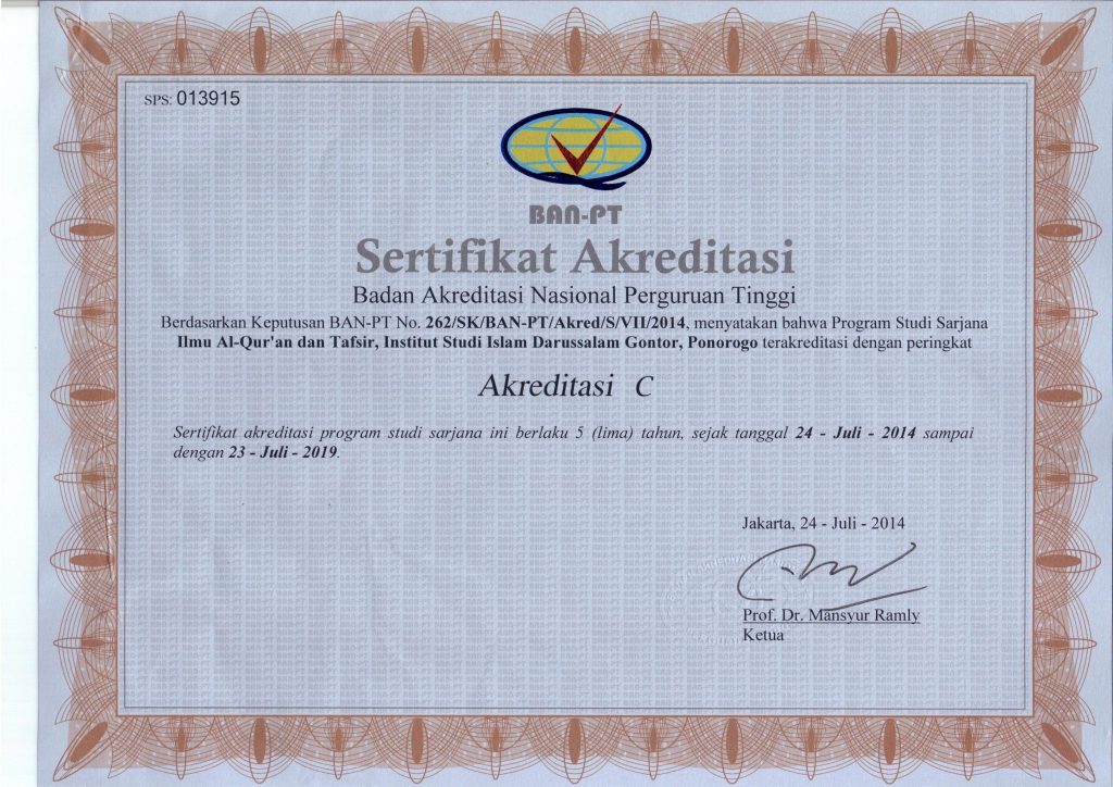 Akreditasi S1 Ilmu Al-Qur'an dan Tafsir - ISID - 2014-2019