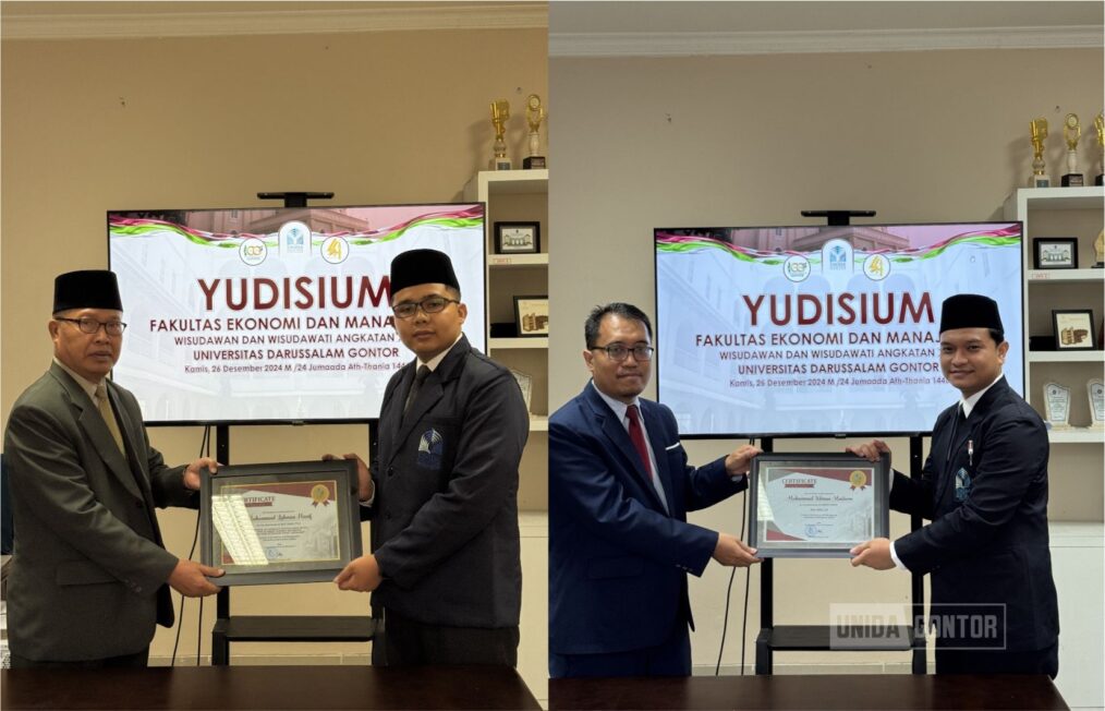 Yudisium Fakultas Ekonomi dan Manajemen UNIDA Gontor ke-44 di Gedung Terpadu, menampilkan calon wisudawan dan pemberian penghargaan.