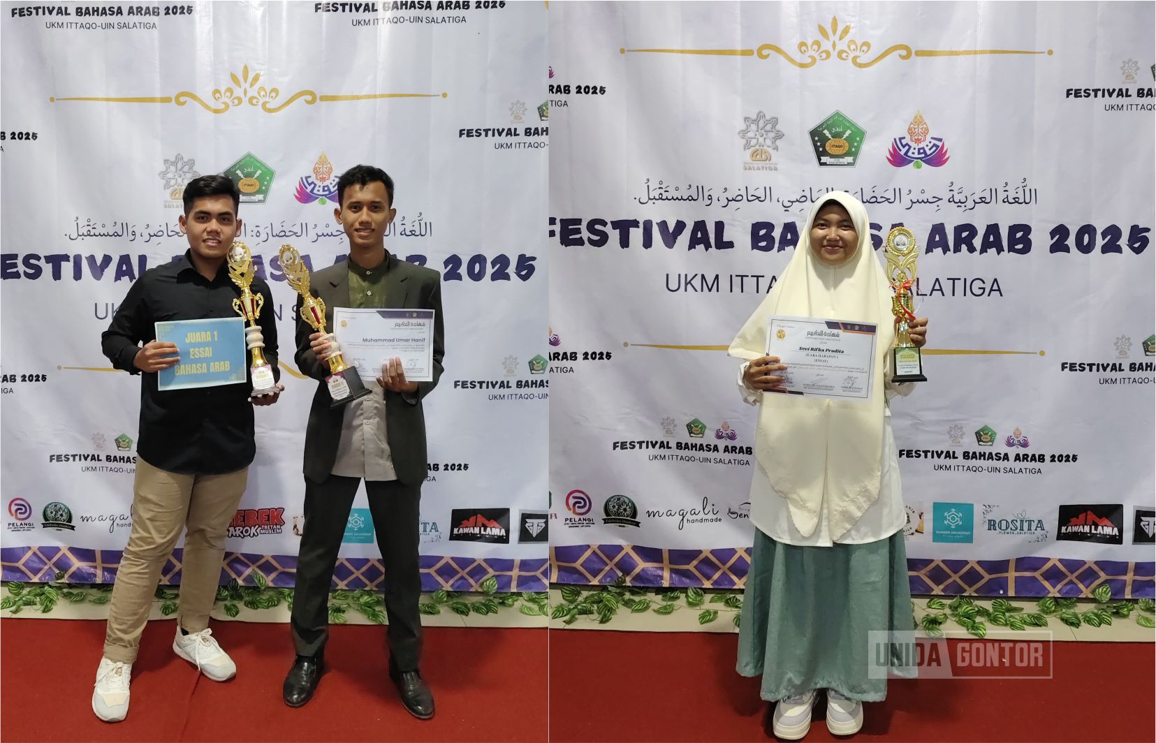 Mahasiswa UNIDA Gontor menerima penghargaan juara esai Bahasa Arab di Festival Bahasa Arab UIN Salatiga 2025.