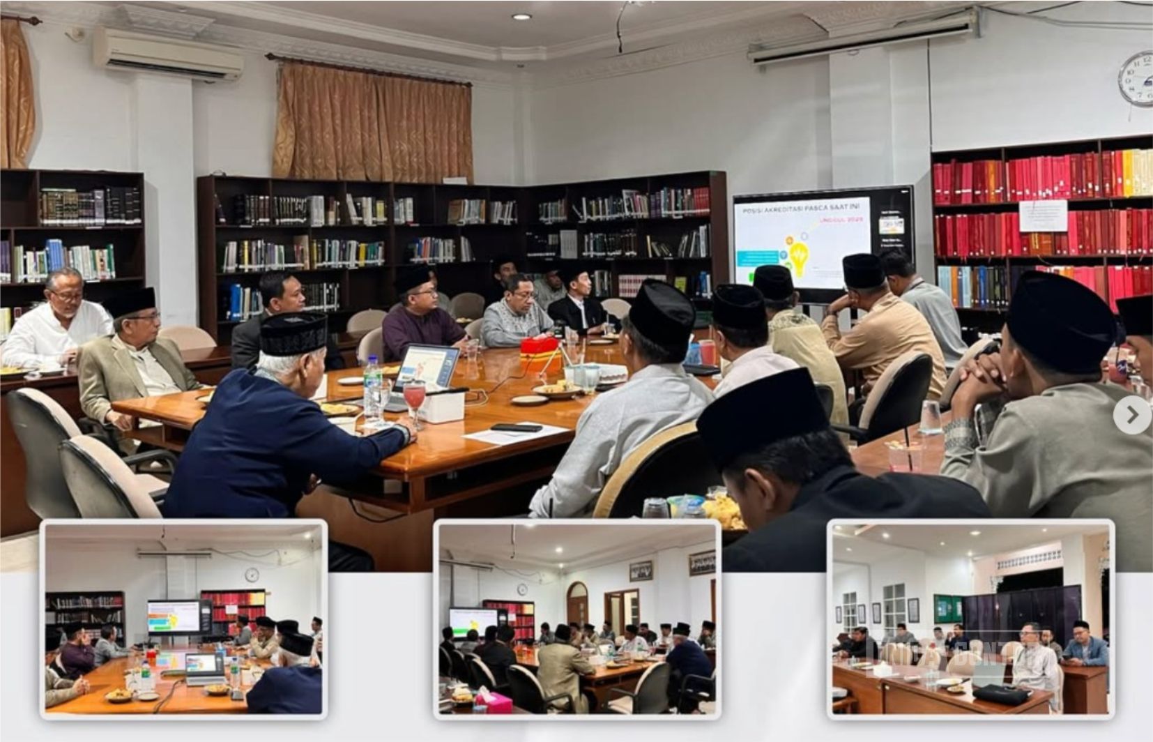 Silaturahmi dosen Pascasarjana UNIDA Gontor saat pembagian jadwal perkuliahan semester baru di ruang rapat perpustakaan.