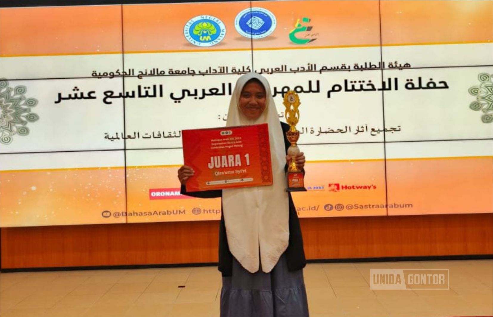 Dua mahasiswi UNIDA Gontor meraih Juara 1 dalam lomba Bahasa Arab tingkat nasional di UIN Bandung dan Universitas Negeri Malang.