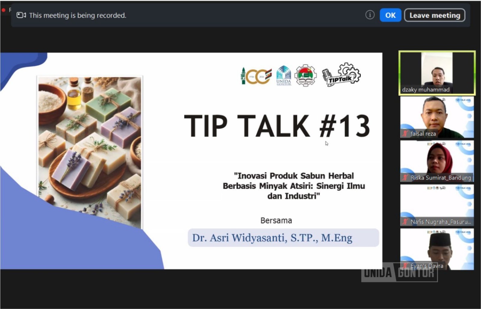 Webinar TIP Talk edisi ke-13 Prodi TIP UNIDA Gontor angkat tema sabun herbal minyak atsiri