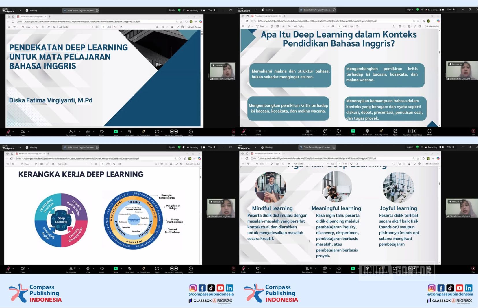 Ustadzah Diska Fatima Virgiyanti, M.Pd., menyampaikan materi deep learning dalam workshop nasional secara daring