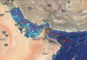 Peta jalur pelayaran kapal tanker di Selat Hormuz yang menjadi pusat distribusi minyak dunia dan terdampak konflik Iran-Israel.