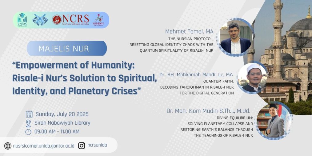 Tiga narasumber Majelis Nur UNIDA Gontor membahas solusi spiritual dan ekologis melalui pemikiran Risale-i Nur di Sirah Nabawiyah Library.