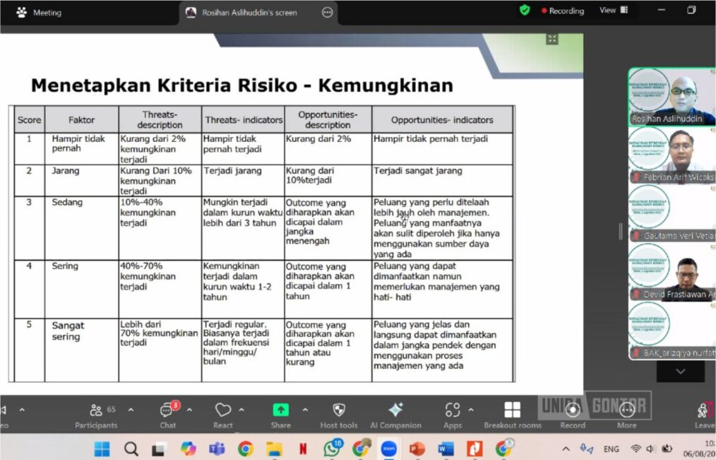 Sosialisasi Pedoman Manajemen Risiko UNIDA Gontor untuk wujudkan budaya mutu perguruan tinggi.