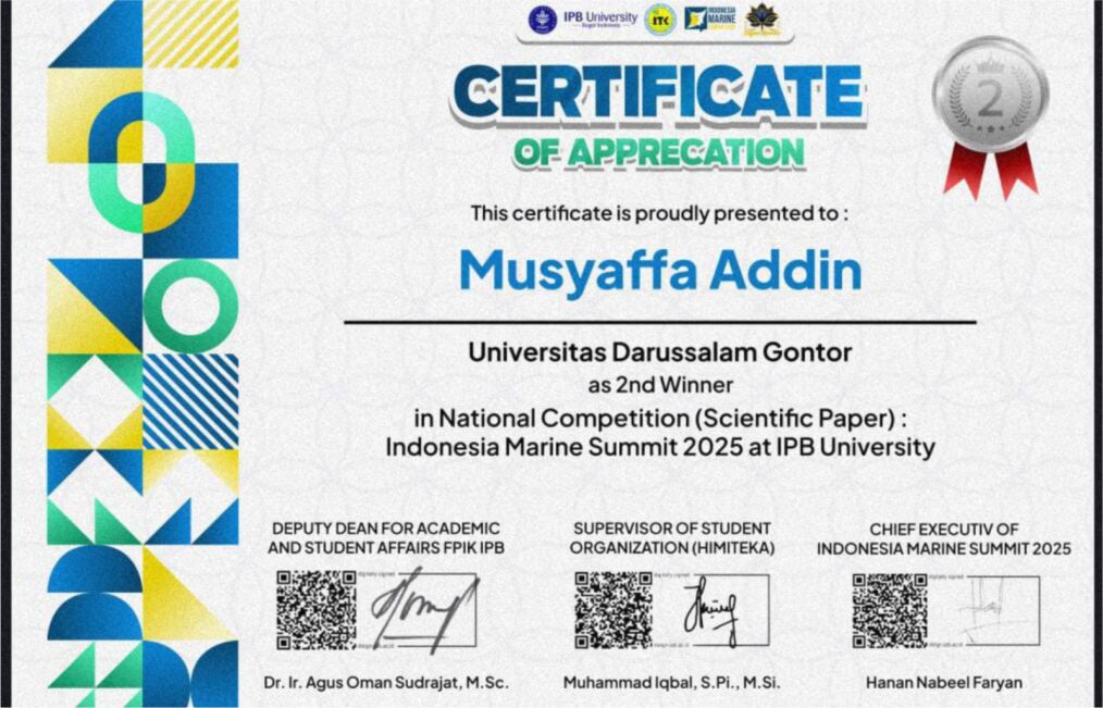Musyaffa Addin, mahasiswa UNIDA Gontor, juara LKTI dan English Essay tingkat nasional