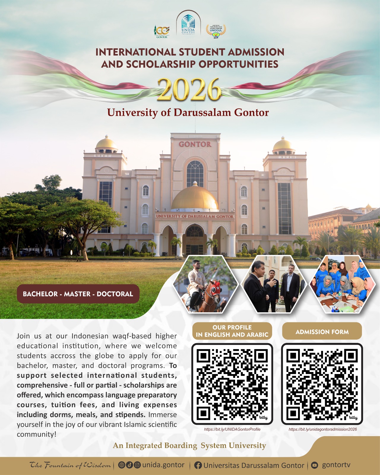 International student admission and scholarship opportunities at University of Darussalam (UNIDA) Gontor, Indonesia.