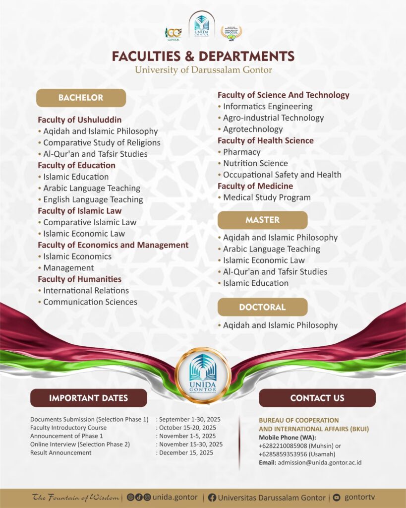 International student admission and scholarship opportunities at University of Darussalam (UNIDA) Gontor, Indonesia.