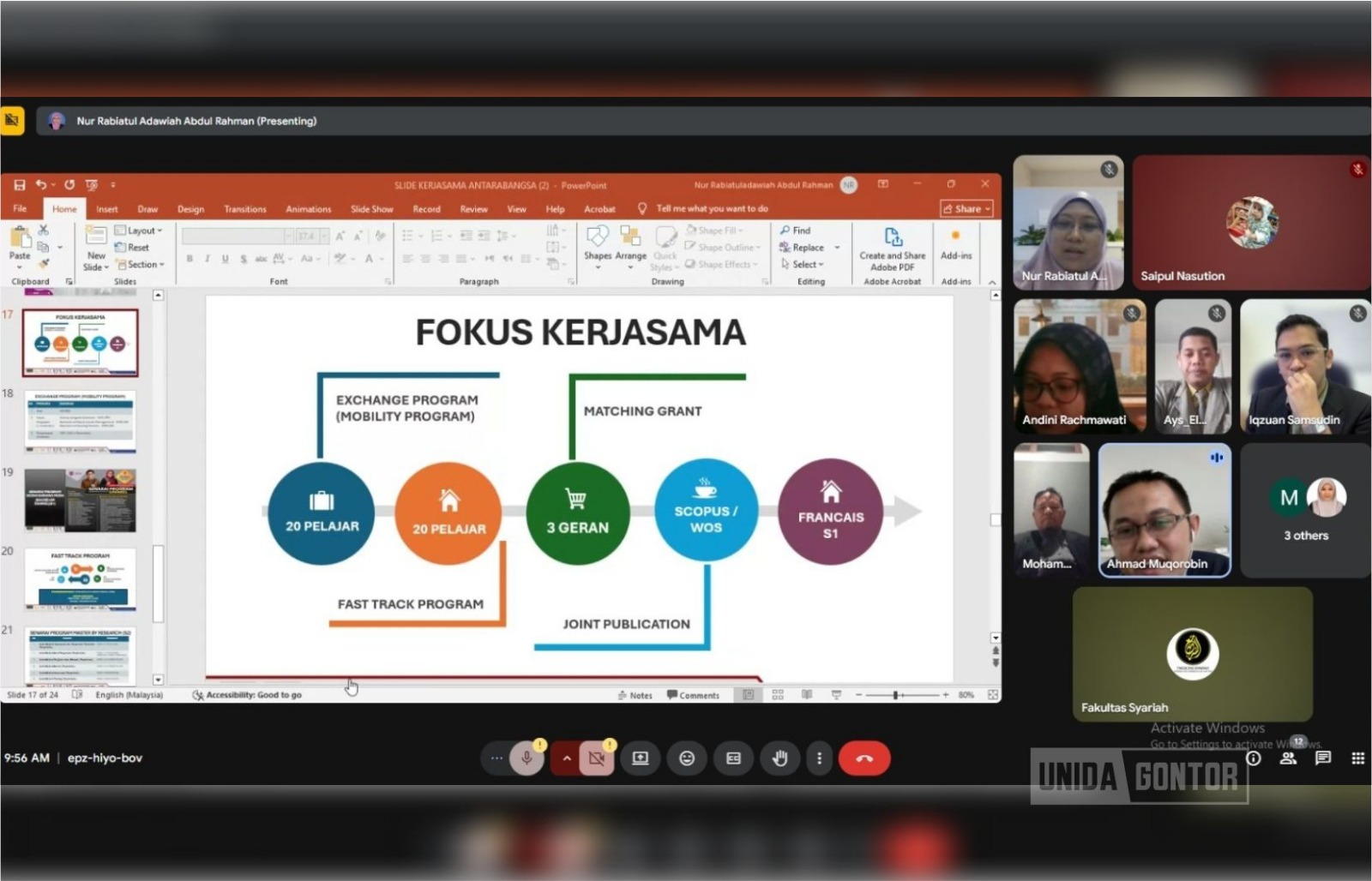 "UNIDA Gontor mengadakan perbincangan kerjasama internasional dengan Universiti Islam Malaka melalui Zoom Meeting."