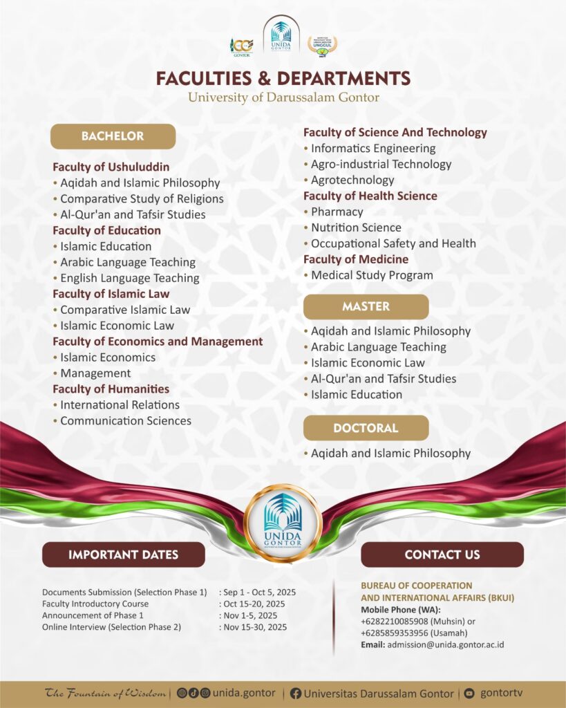 International student admission and scholarships at UNIDA Gontor, a waqf-based Islamic university in Indonesia; portal restored and deadline extended to October 5, 2025.