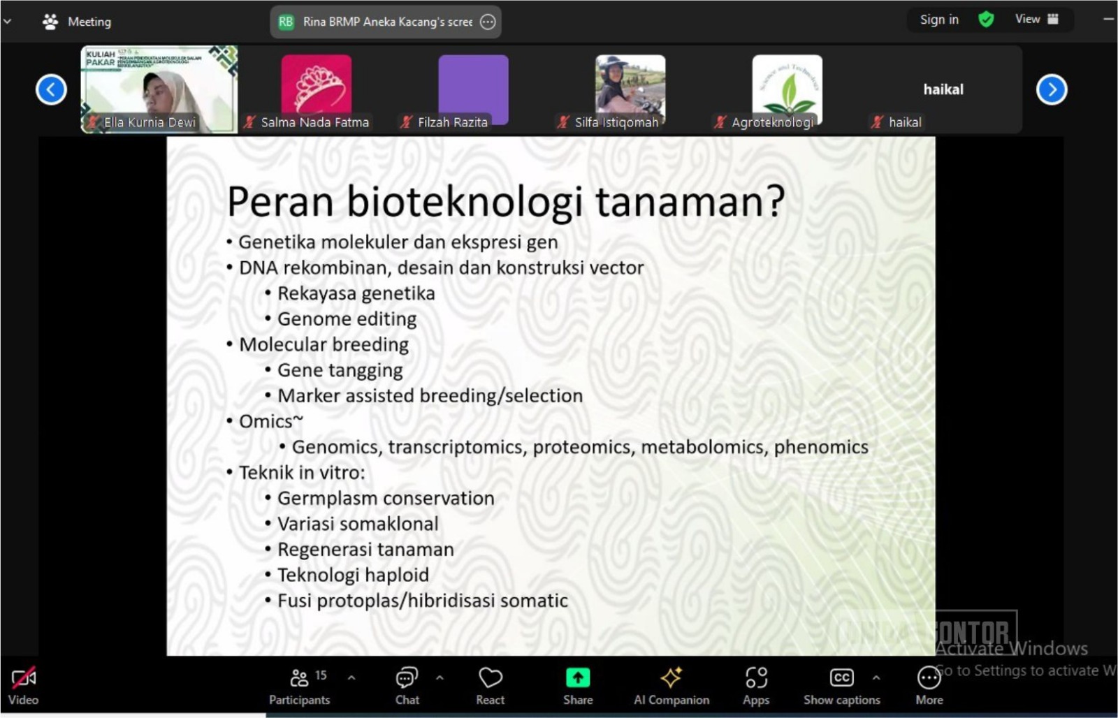 Kuliah Pakar Agroteknologi UNIDA Gontor via Zoom membahas pendekatan molekuler untuk pertanian berkelanjutan oleh Rina Artari, M.Biotech.