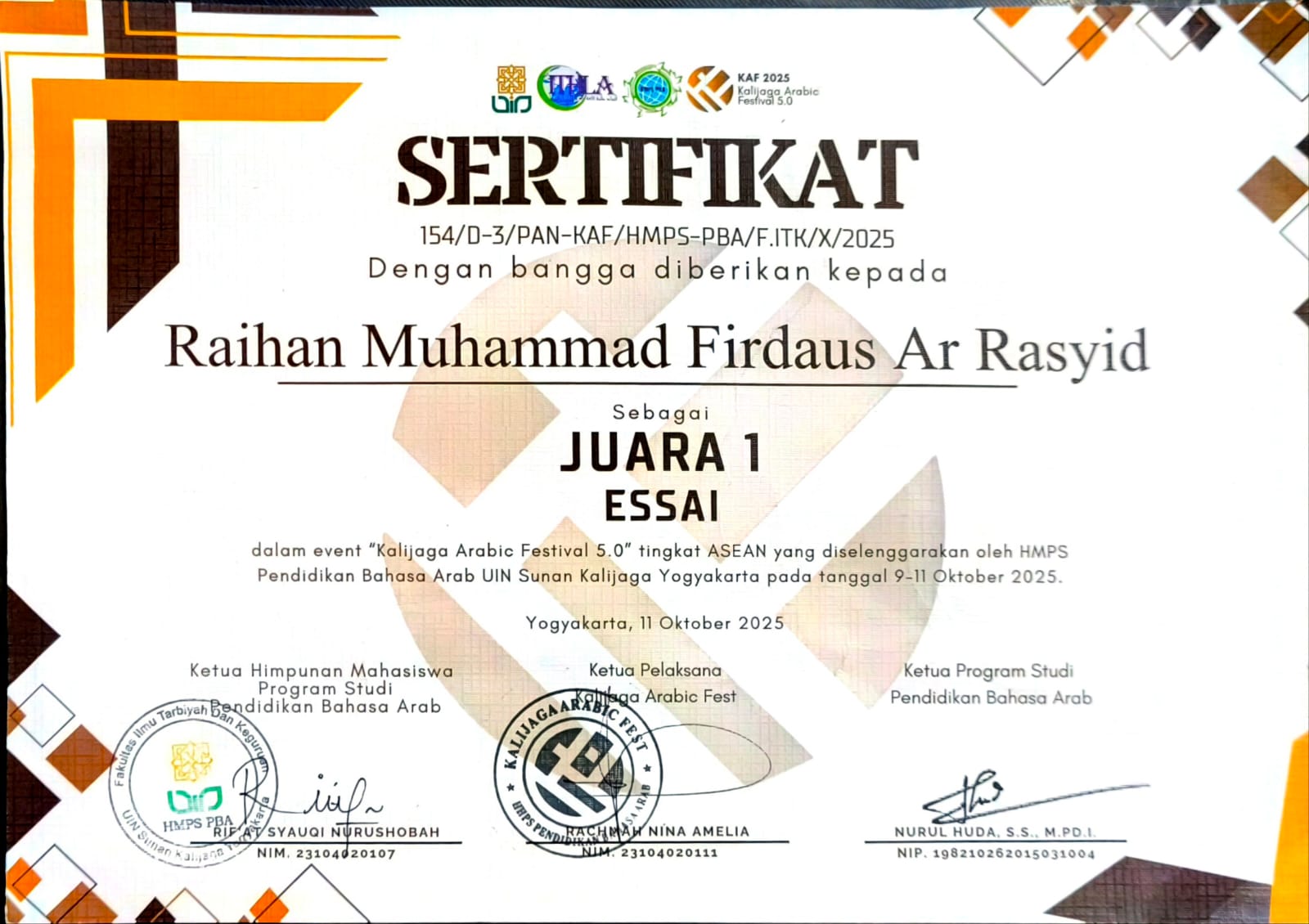 Mahasiswa UNIDA Gontor raih Juara 1 ASEAN Lomba Esai Bahasa Arab di Kalijaga Arabic Fest 5.0