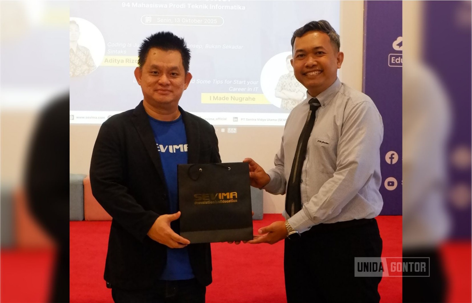 Mahasiswa Teknik Informatika UNIDA Gontor kunjungan studi ke PT Sentra Vidya Utama (SEVIMA) di Surabaya; belajar SIAKAD Cloud, EdLink, SEVIMA Platform, AI, dan keamanan data bersama tim profesional.