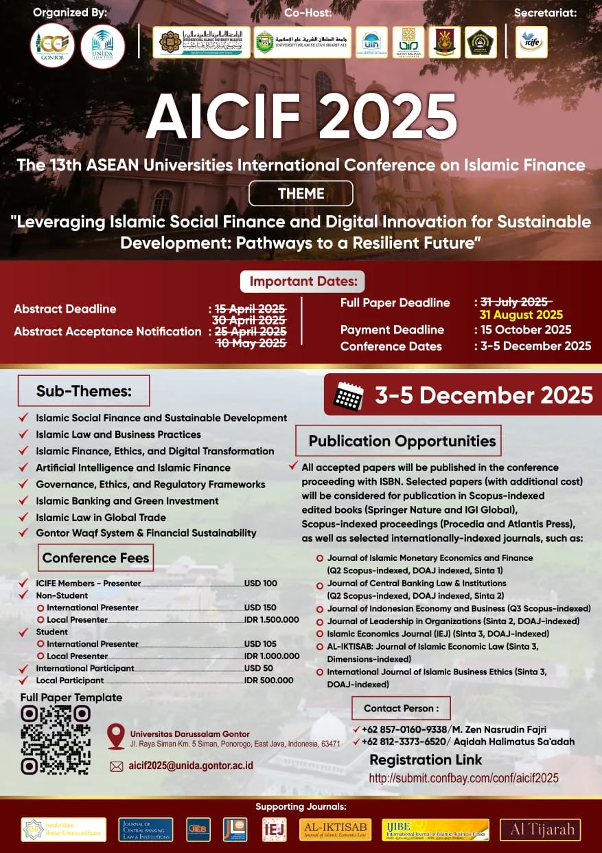 “Spanduk AICIF 2025 di Kampus UNIDA Gontor, Ponorogo (3–5 Desember 2025) dengan tema ‘Leveraging Islamic Social Finance and Digital Innovation…’ serta logo tujuh mitra ASEAN.”