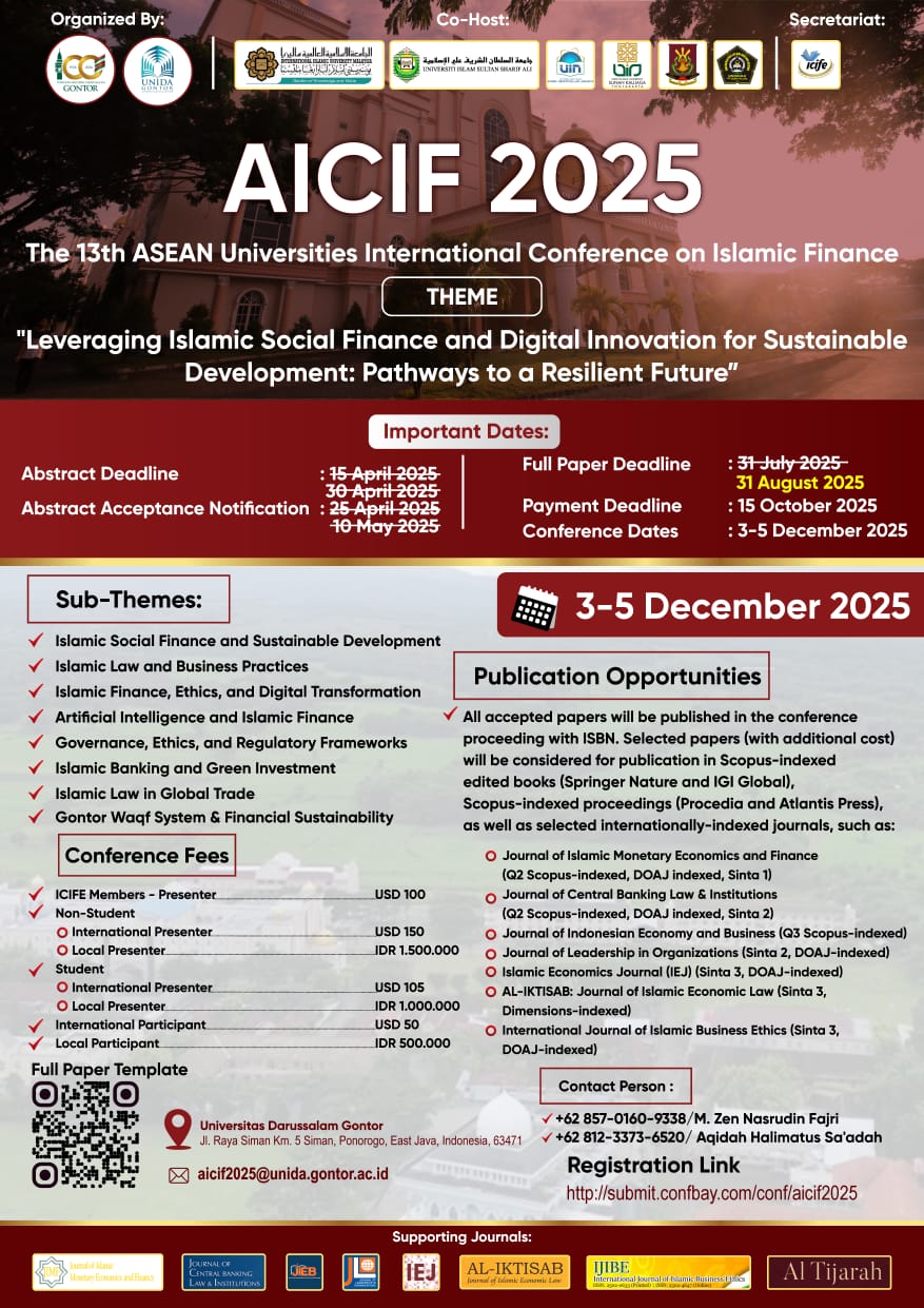“Spanduk AICIF 2025 di Kampus UNIDA Gontor, Ponorogo (3–5 Desember 2025) dengan tema ‘Leveraging Islamic Social Finance and Digital Innovation…’ serta logo tujuh mitra ASEAN.”