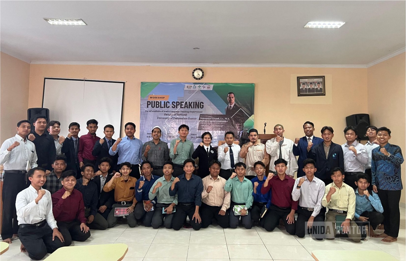 Workshop Public Speaking dan Personal Branding mahasiswa PBA UNIDA Gontor bersama Muhammad Elvandi di Hall Sirah Nabawiyah