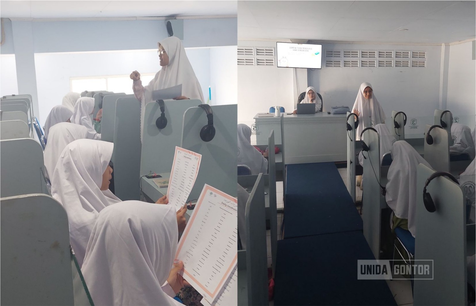 Suasana Pelatihan Soft Skills dan kosakata Bahasa Arab bagi calon pelajar di Laboratorium Bahasa Gontor Putri Kampus 2 bersama tim UNIDA Gontor.
