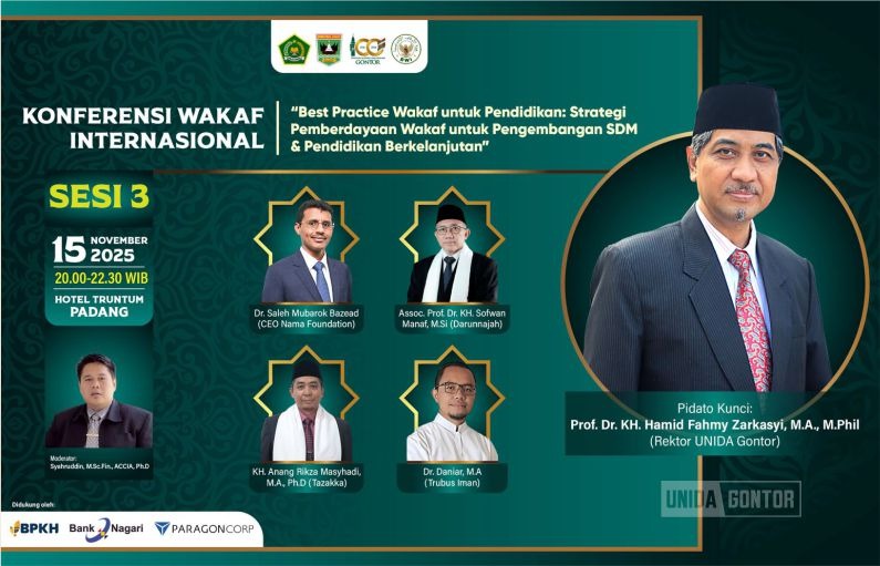 Rektor UNIDA Gontor Prof. Hamid Fahmy Zarkasyi menyampaikan keynote speech pada Konferensi Wakaf Internasional di Padang, Sumatera Barat.