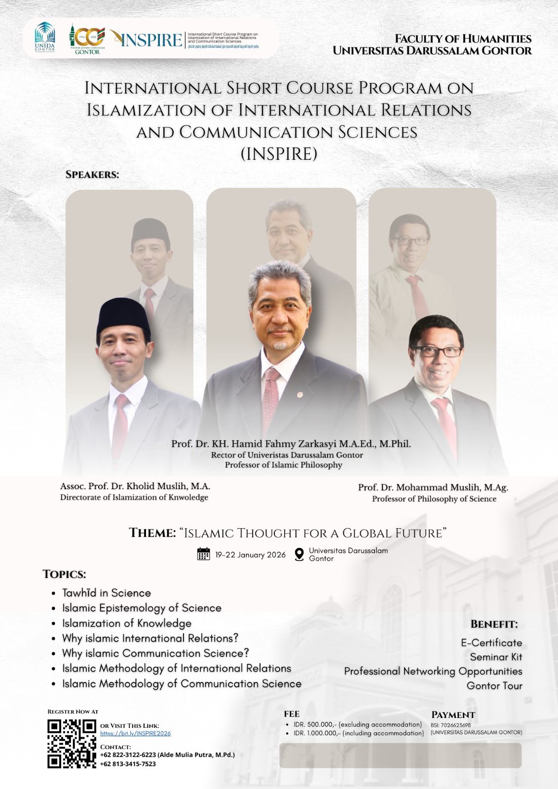 International short course INSPIRE 2026 at UNIDA Gontor, focused on Islamizing International Relations and Communication Sciences.