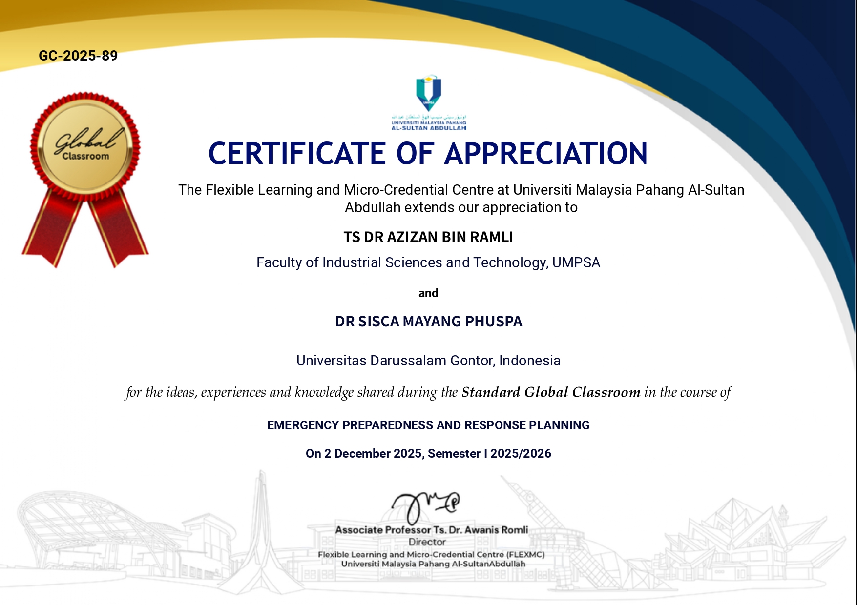 Dr. Sisca Mayang Puspa, M.Sc., dosen Prodi Keselamatan dan Kesehatan Kerja UNIDA Gontor, menyampaikan kuliah tamu daring bertema Psychological First Aid kepada mahasiswa UMPSA dalam program Global Classroom melalui Microsoft Teams.