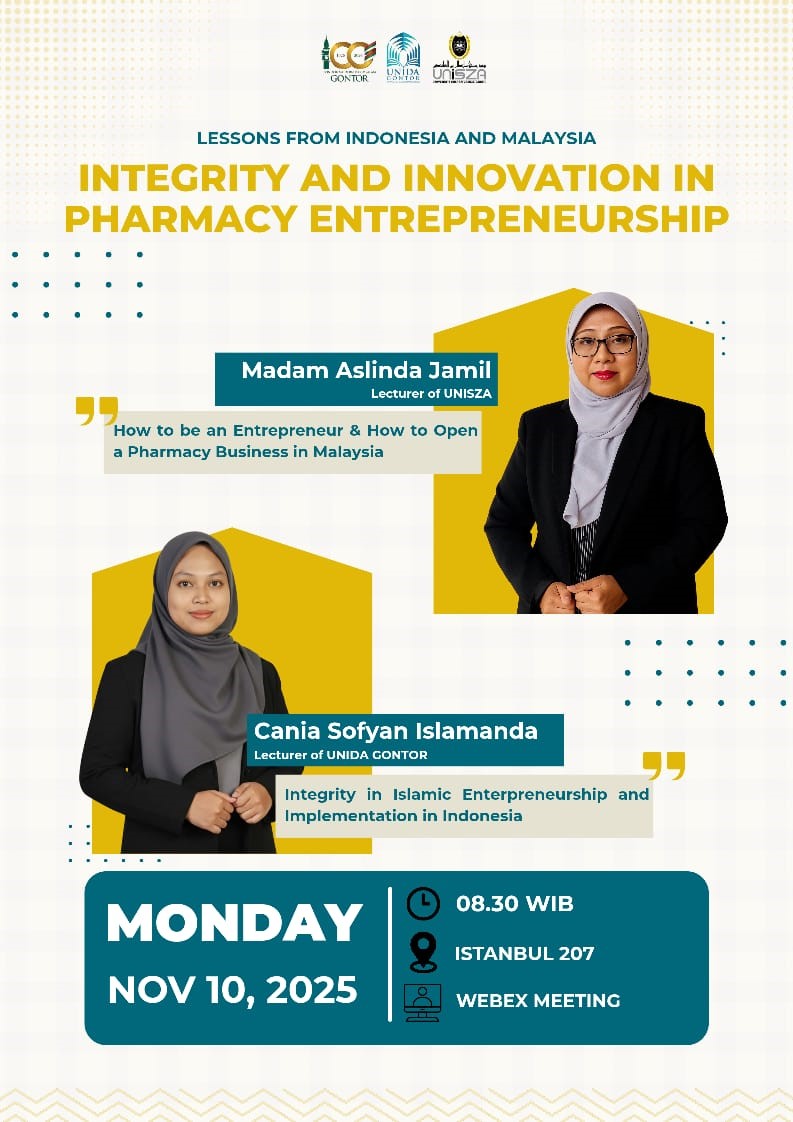 Mahasiswi Farmasi UNIDA Gontor mengikuti kuliah pakar kewirausahaan syariah bersama pemateri dari UNISZA Malaysia di ruang Istanbul 202, Kampus UNIDA Gontor.