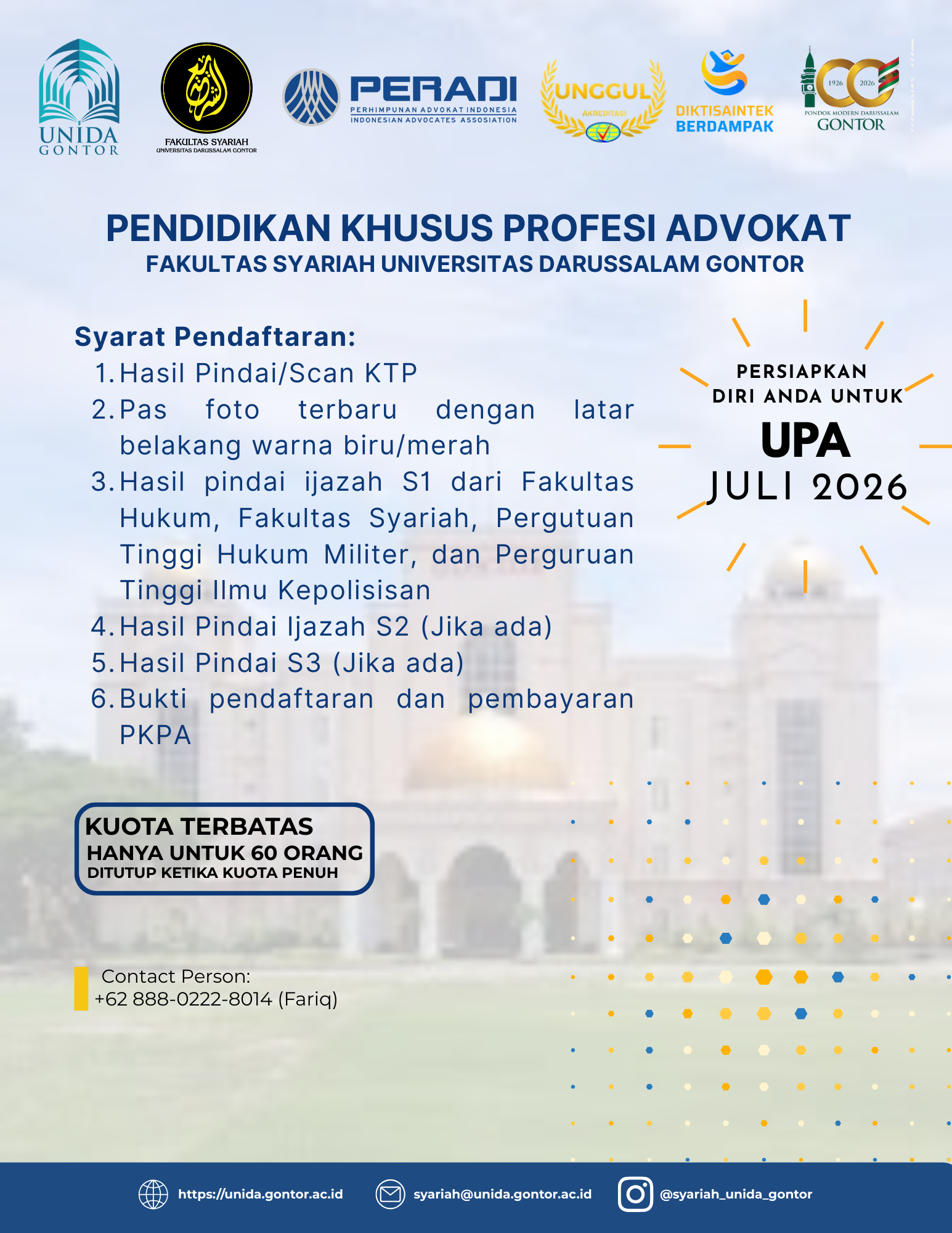 Pendaftaran PKPA Angkatan III 2026 Fakultas Syariah UNIDA Gontor bekerja sama dengan DPN PERADI format hybrid