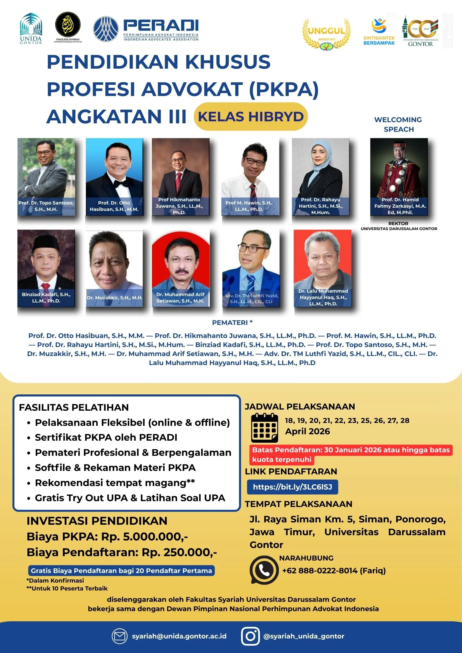 Pendaftaran PKPA Angkatan III 2026 Fakultas Syariah UNIDA Gontor bekerja sama dengan DPN PERADI format hybrid