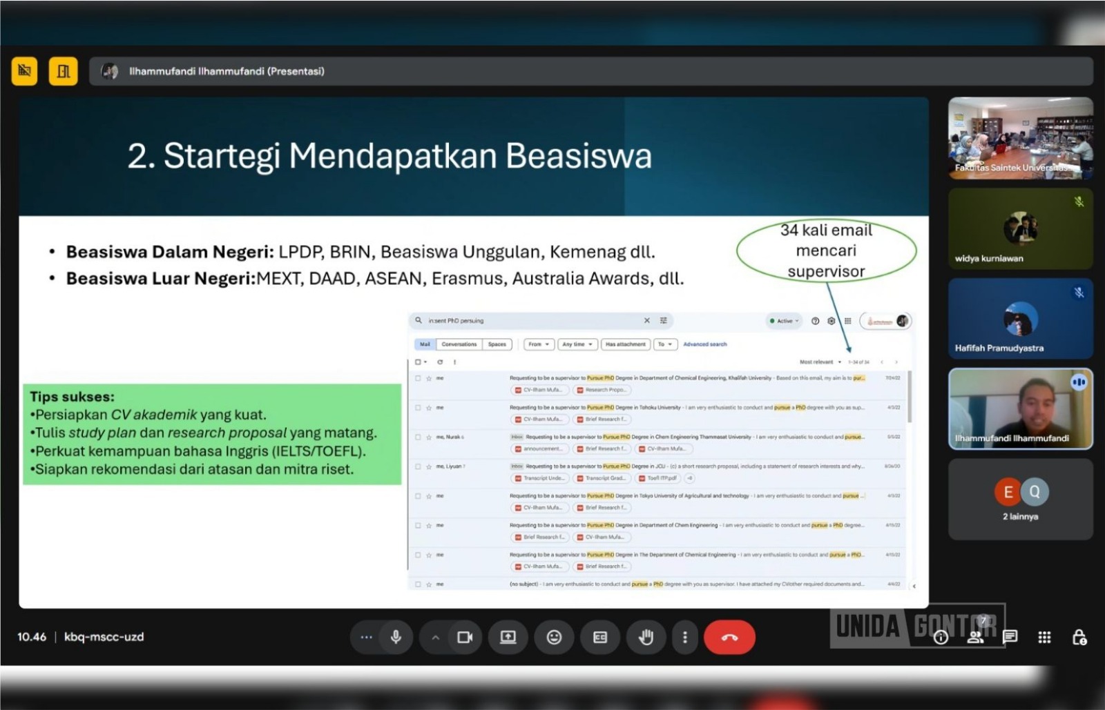 Dosen dan tenaga kependidikan Fakultas Sains dan Teknologi UNIDA Gontor mengikuti sharing session kiat meraih beasiswa doktor secara hybrid.