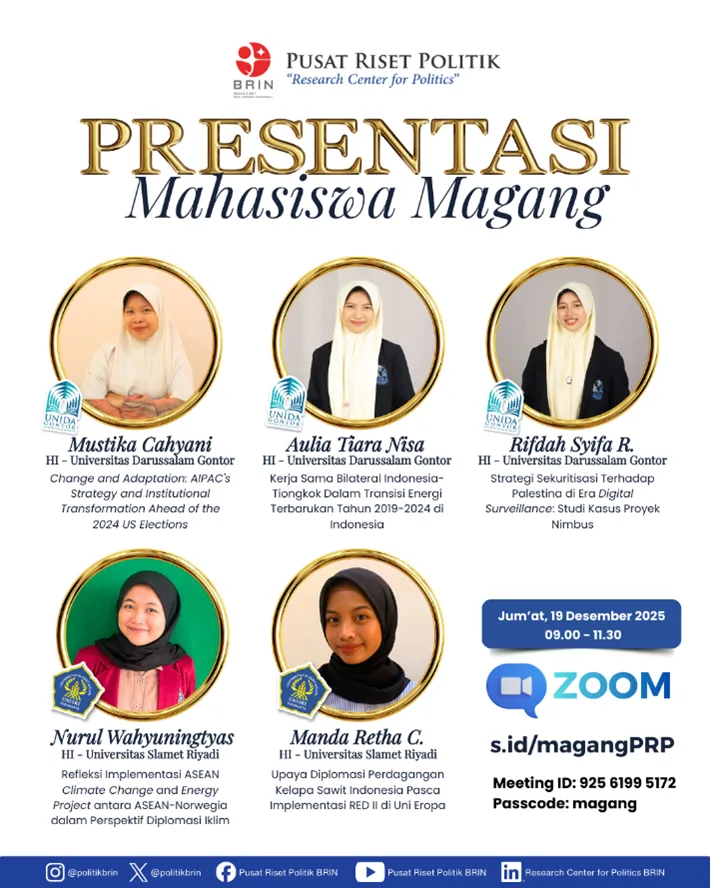 Tiga mahasiswi HI UNIDA Gontor mempresentasikan riset pada puncak magang BRIN via Zoom.