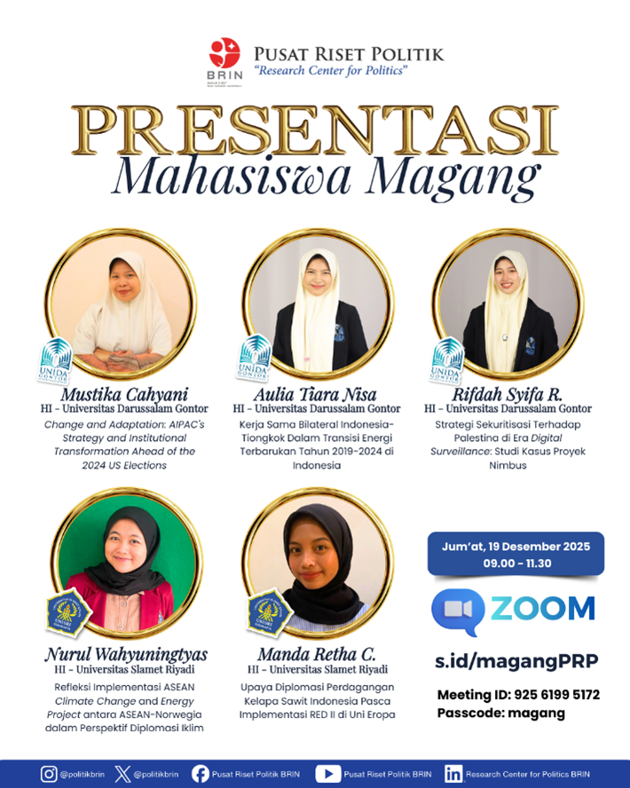 Tiga mahasiswi HI UNIDA Gontor mempresentasikan riset pada puncak magang BRIN via Zoom.