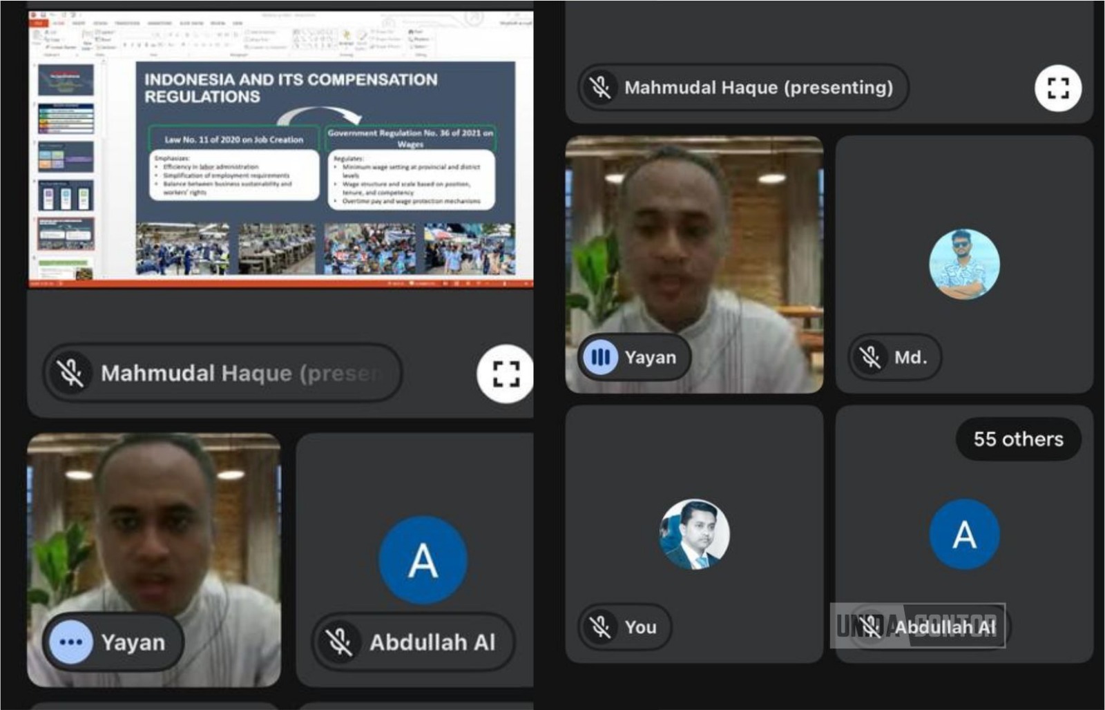 Pemateri dan peserta mengikuti International Webinar UNIDA Gontor–East West University Bangladesh via Google Meet.