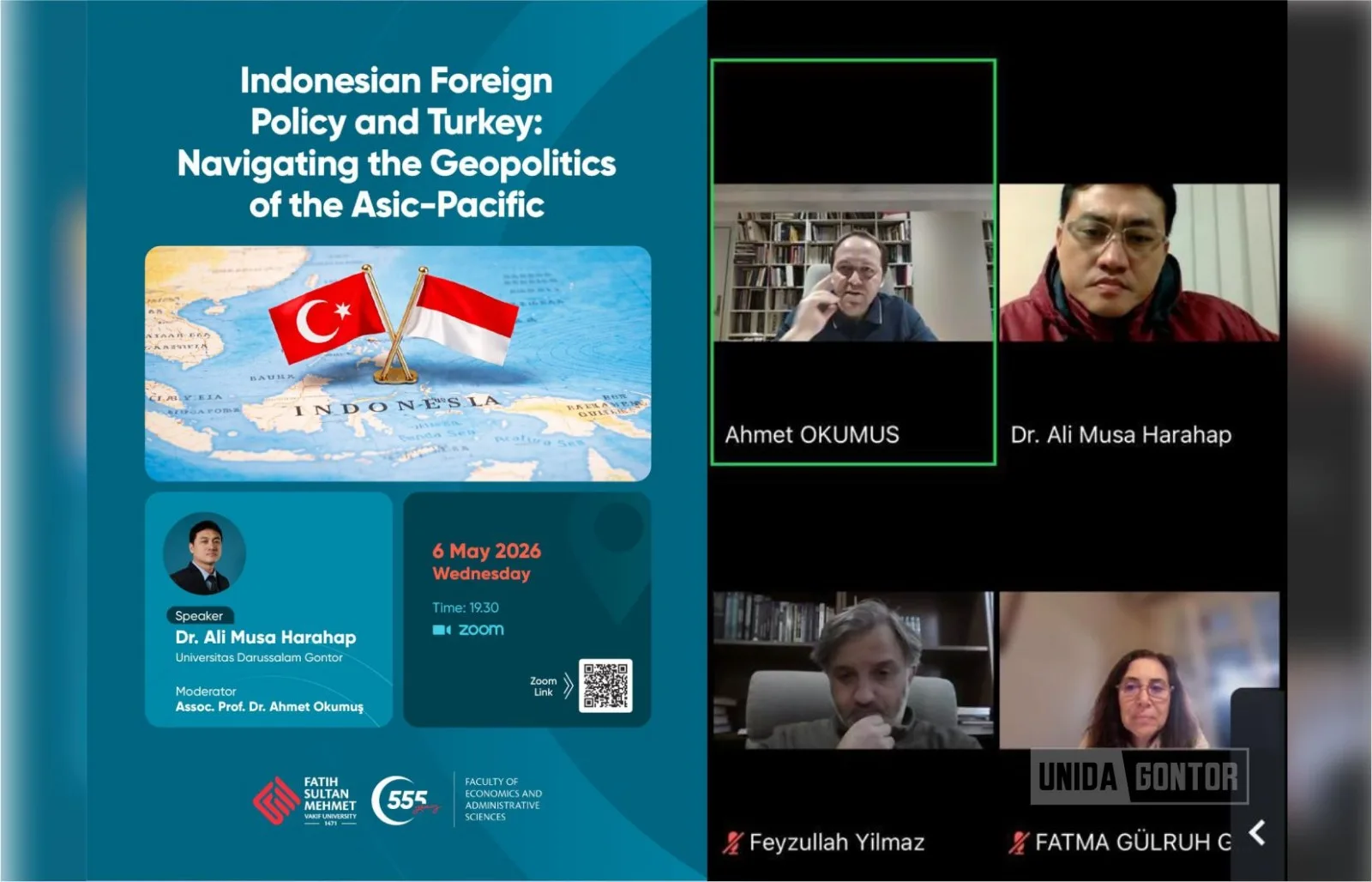 Al-Ustadz Ali Musa Harahap, Ph.D. saat menyampaikan kuliah tamu internasional secara daring di Fatih Sultan Mehmet Vakif University Turki.