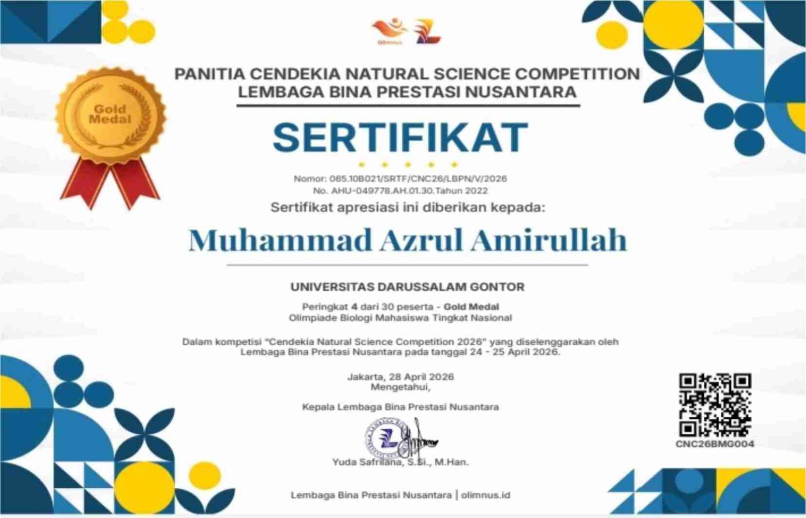 Mahasiswa PMH UNIDA Gontor Muhammad Azrul Amirullah meraih Juara Harapan 1 Olimpiade Biologi Nasional 2026