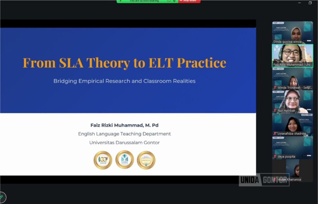UNIDA Gontor lecturer delivers guest lecture on Second Language Acquisition at UMMUBA via Zoom Meeting.