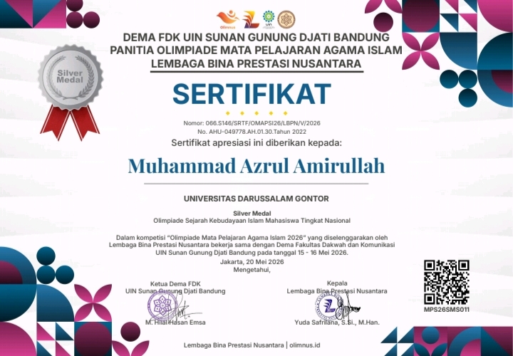 Mahasiswa PMH UNIDA Gontor Muhammad Azrul Amirullah peraih medali perak Olimpiade PAI Nasional 2026