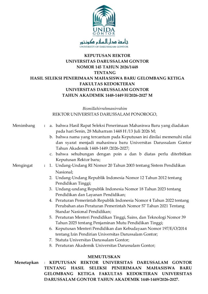 Pengumuman hasil seleksi penerimaan mahasiswa baru Gelombang Ketiga Fakultas Kedokteran UNIDA Gontor Tahun Akademik 2026–2027.