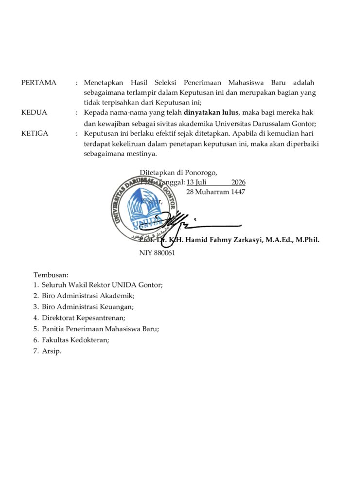 Pengumuman hasil seleksi penerimaan mahasiswa baru Gelombang Ketiga Fakultas Kedokteran UNIDA Gontor Tahun Akademik 2026–2027.