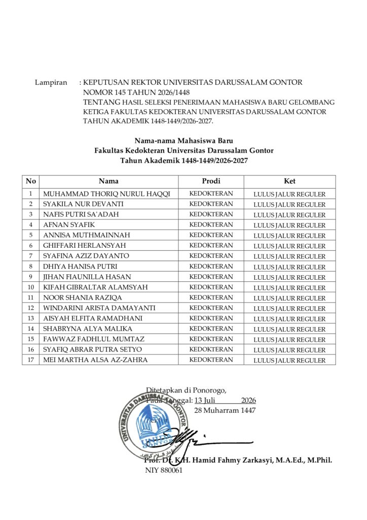 Pengumuman hasil seleksi penerimaan mahasiswa baru Gelombang Ketiga Fakultas Kedokteran UNIDA Gontor Tahun Akademik 2026–2027.
