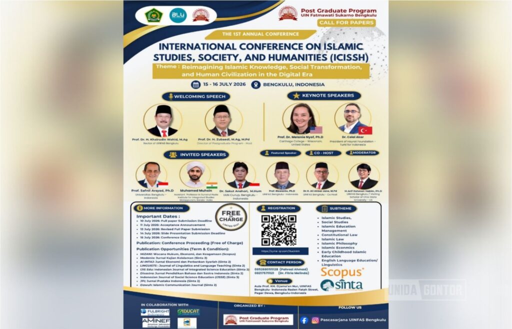 Empat mahasiswa UNIDA Gontor mempresentasikan inovasi buku saku anti-bullying pada ICISSH 2026
